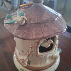 Ceramic Birdhouse with Birds - Brown and Cream